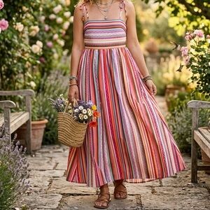 NWT Salti Road Desert Glow Maxi Dress Multi Stripe Boho Flowy Cottagecore Spring